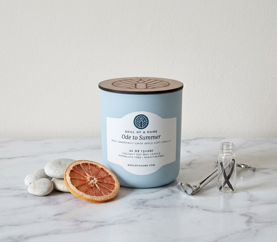 A light blue soy wax candle with a wooden lid and a white label reading 'Ode to Summer' by Soul of a Home, styled on a white marble surface with a dried grapefruit slice, white stones, and a small clear glass vial of vanilla and a pair of wick trimmers.