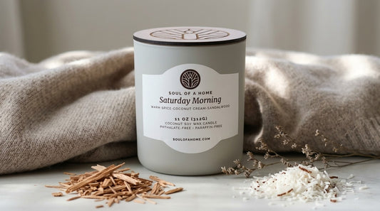 A soy wax candle in a matte cream jar with a cream label reading 'Saturday Morning' by Soul of a Home, styled on a light surface with a beige knit blanket, sandalwood chips, and coconut flakes.