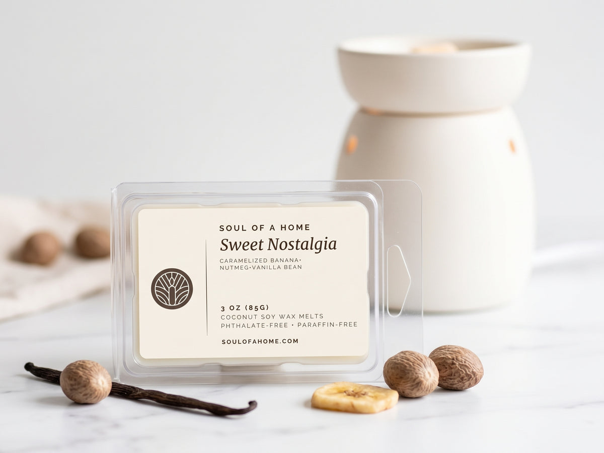 A packaged wax melt product labeled 'Sweet Nostalgia' by Soul of a Home, placed on a light marble surface with vanilla beans, nutmegs, and a cream-colored wax warmer in the background.
